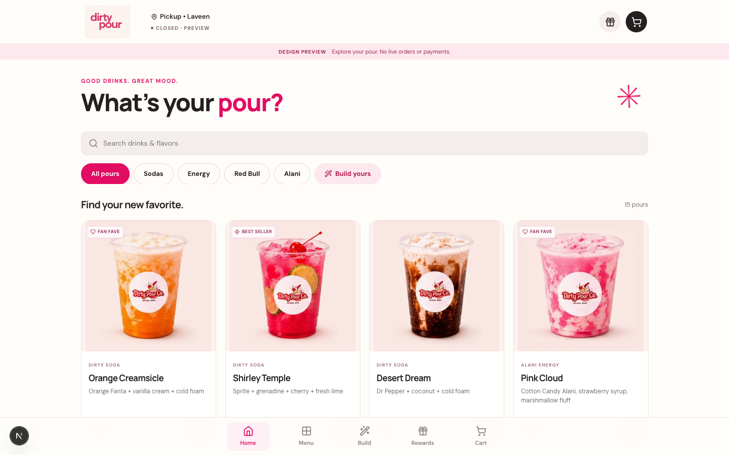 Dirty Pour ordering preview showing drink categories, search and drink selection